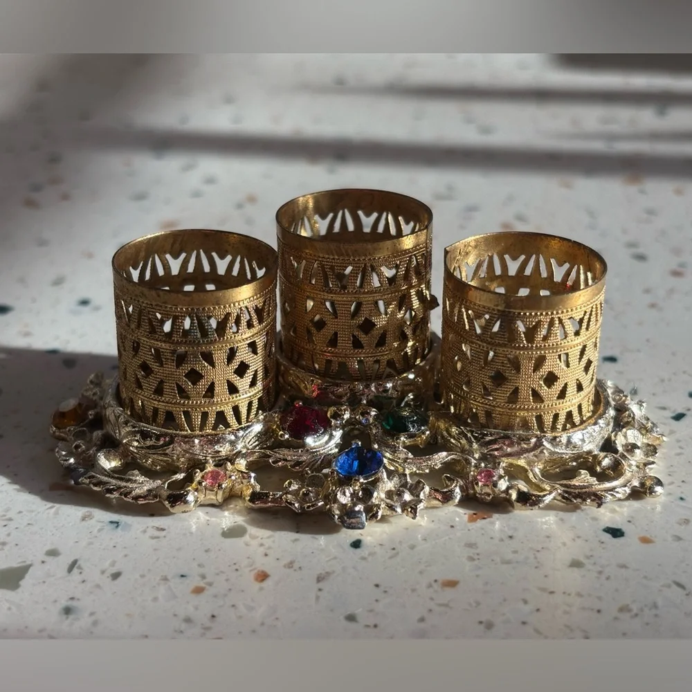VTG Gold Lipstick Holder‎ Vanity Organizer w/ Rhinestones Filigree Triple Holder